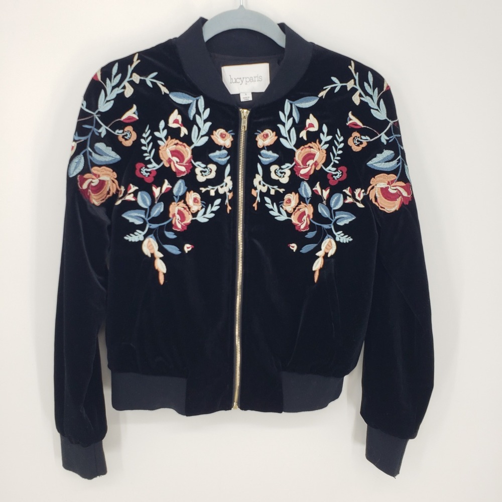 Lucy Paris Black Velvet Embroidered Floral Bomber Jacket Boho Womens Size S